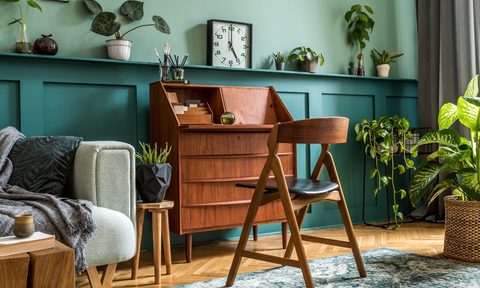 Retro blue or teal midcentury modern desk office space