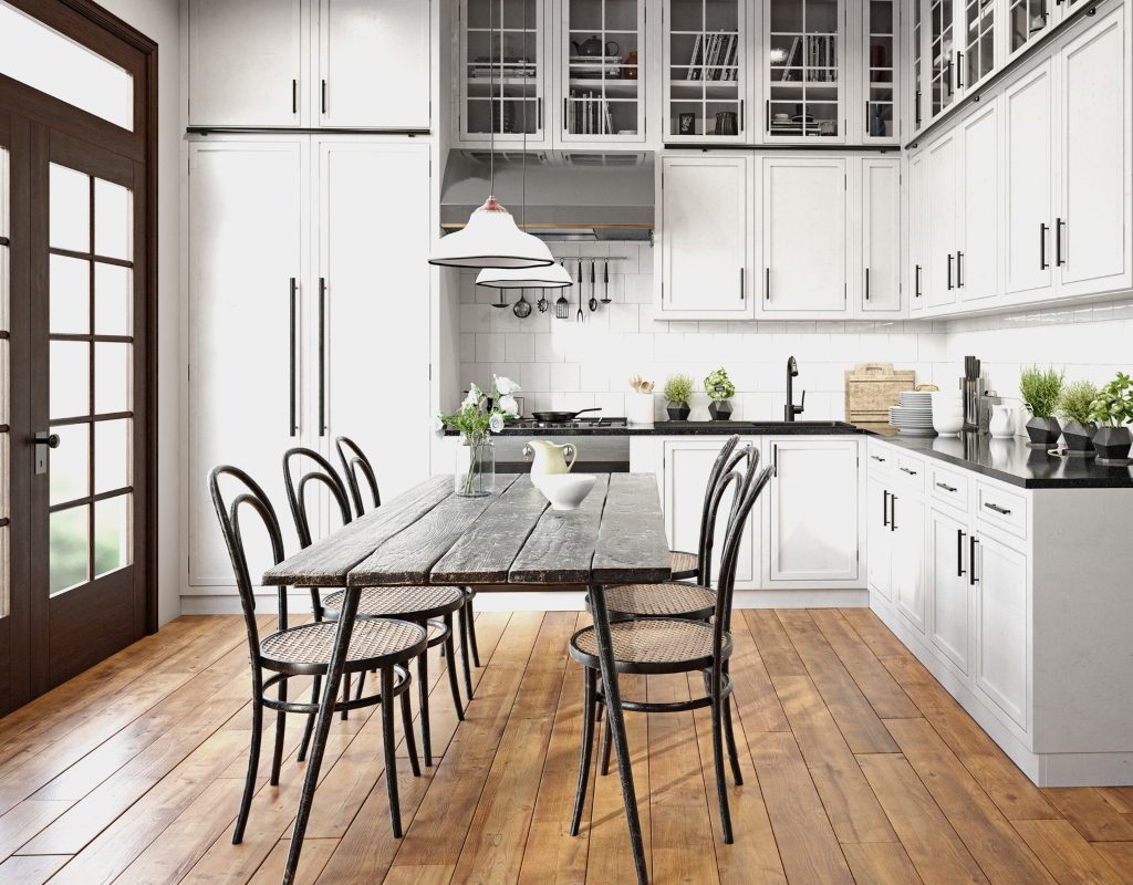 weathered wood flooring in a kitchen