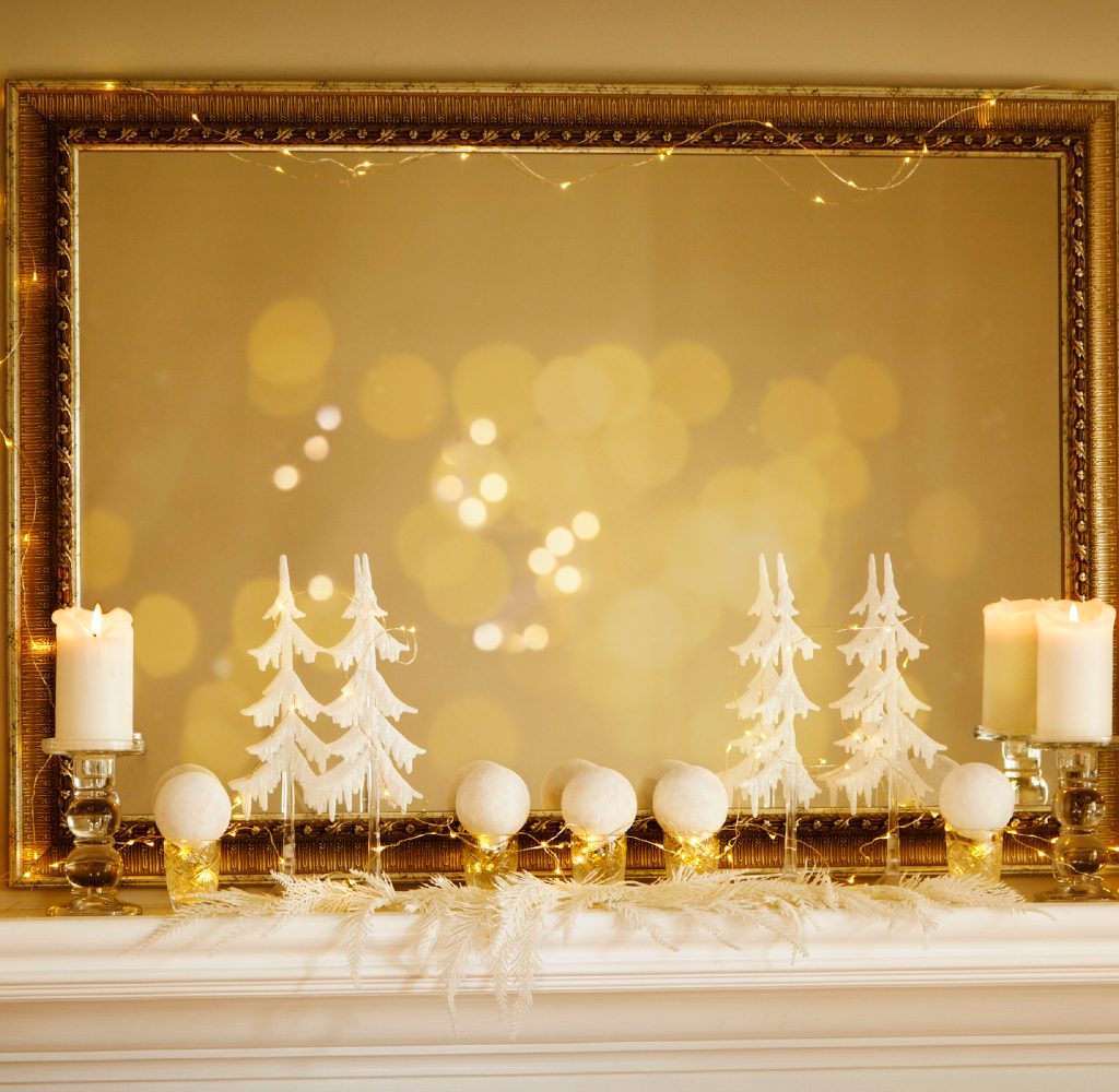 All-white Christmas display mantle