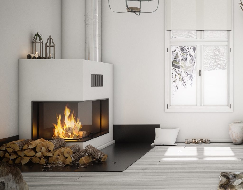 Modern and white Scandinavian home with fireplace