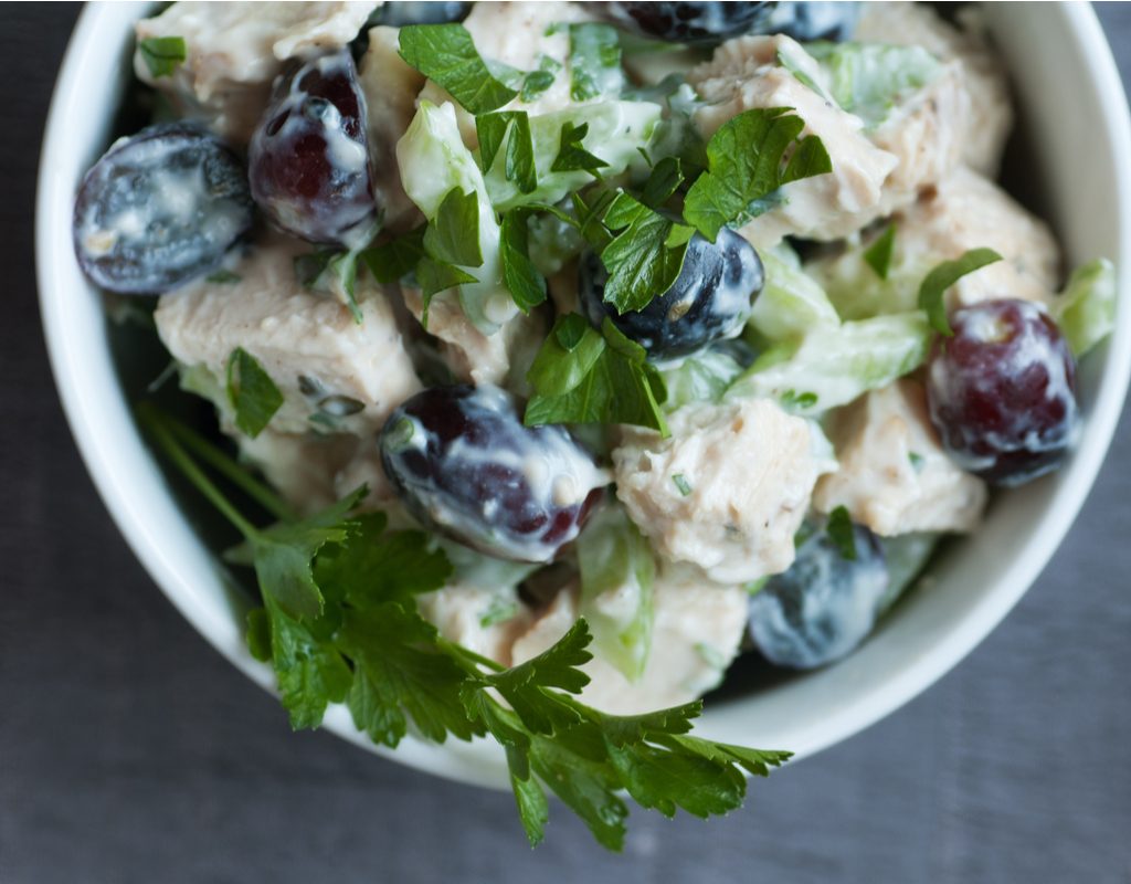 Chicken salad with grapes and celery in a bowl