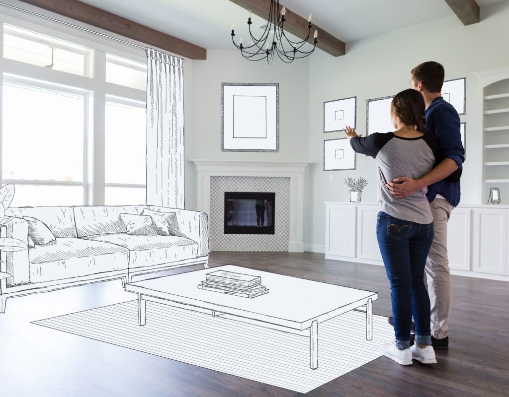 Couple planning their living room layout together