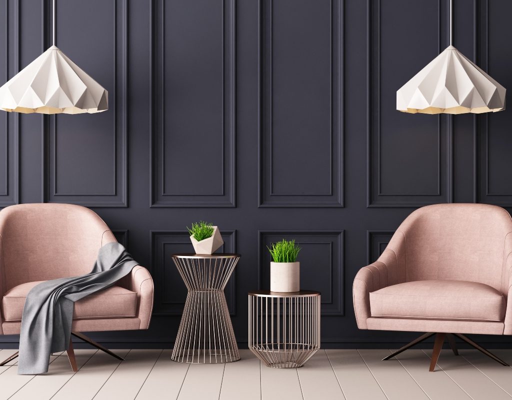 dark grey textured walls home design with pink chairs