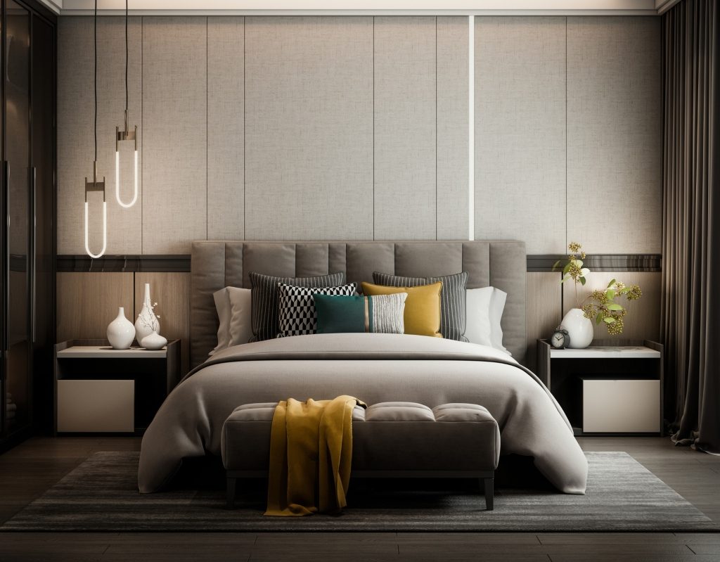 Dark and moody modern master bedroom