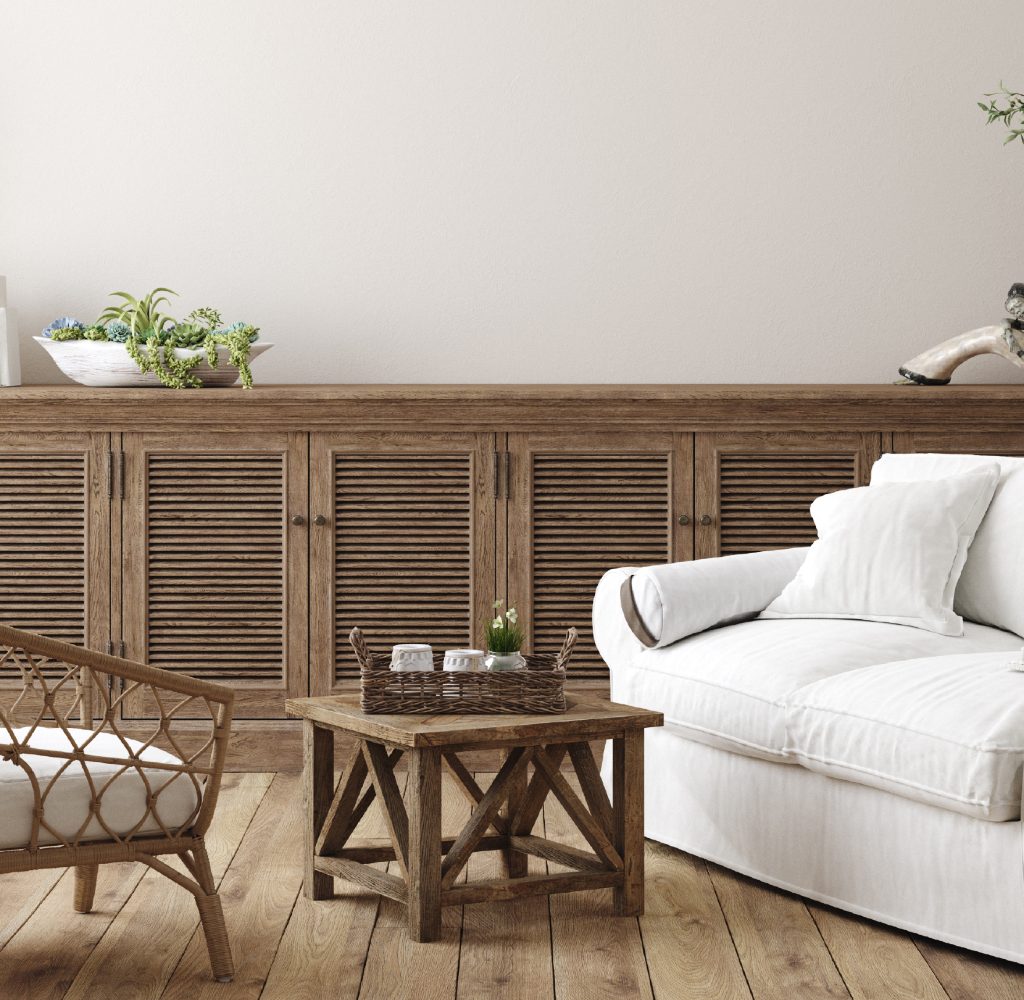 Farmhouse living room with wooden furniture.