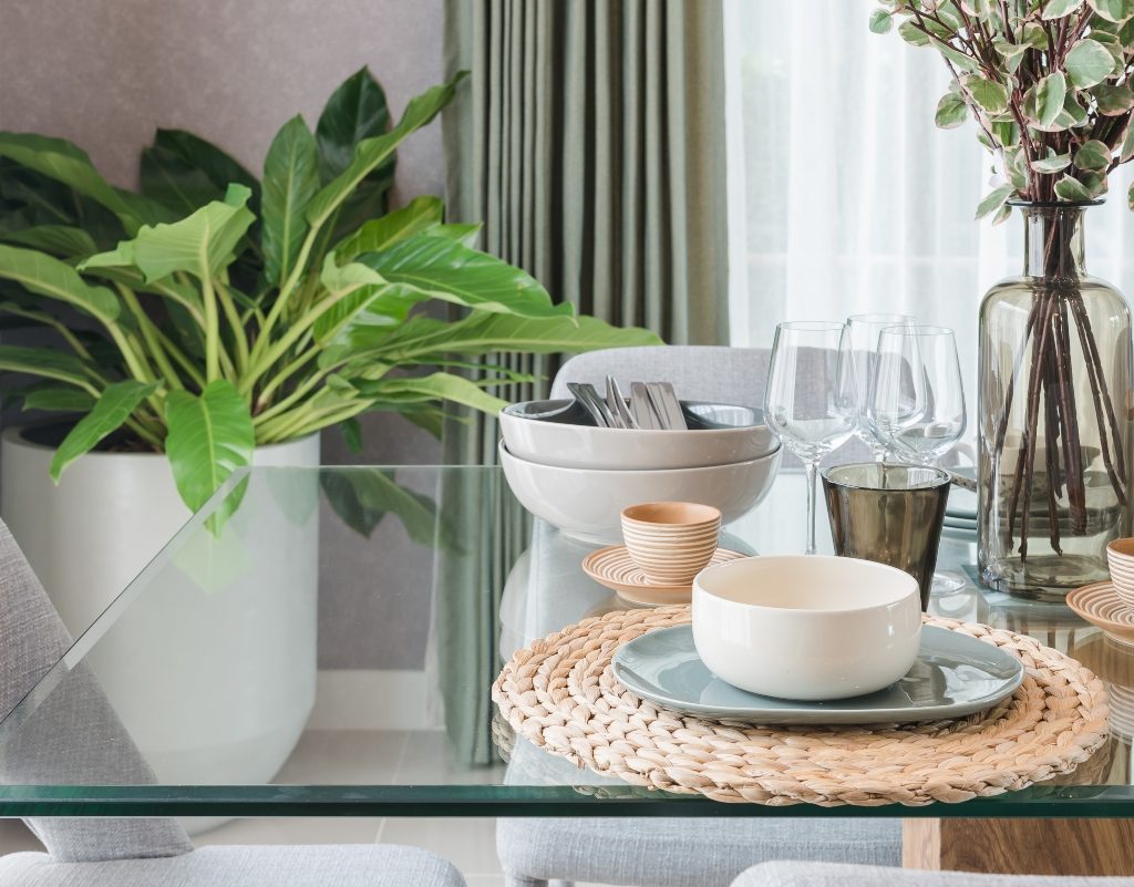 Glass tabletop with plants and decor
