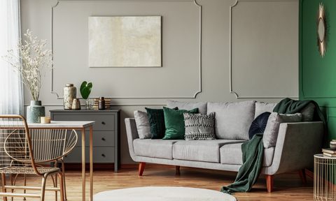 living room with gray and green color palette