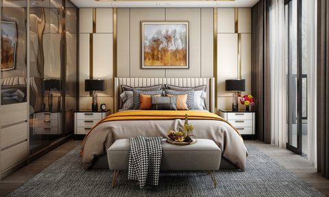 Luxury bedroom with gray and gold color palette
