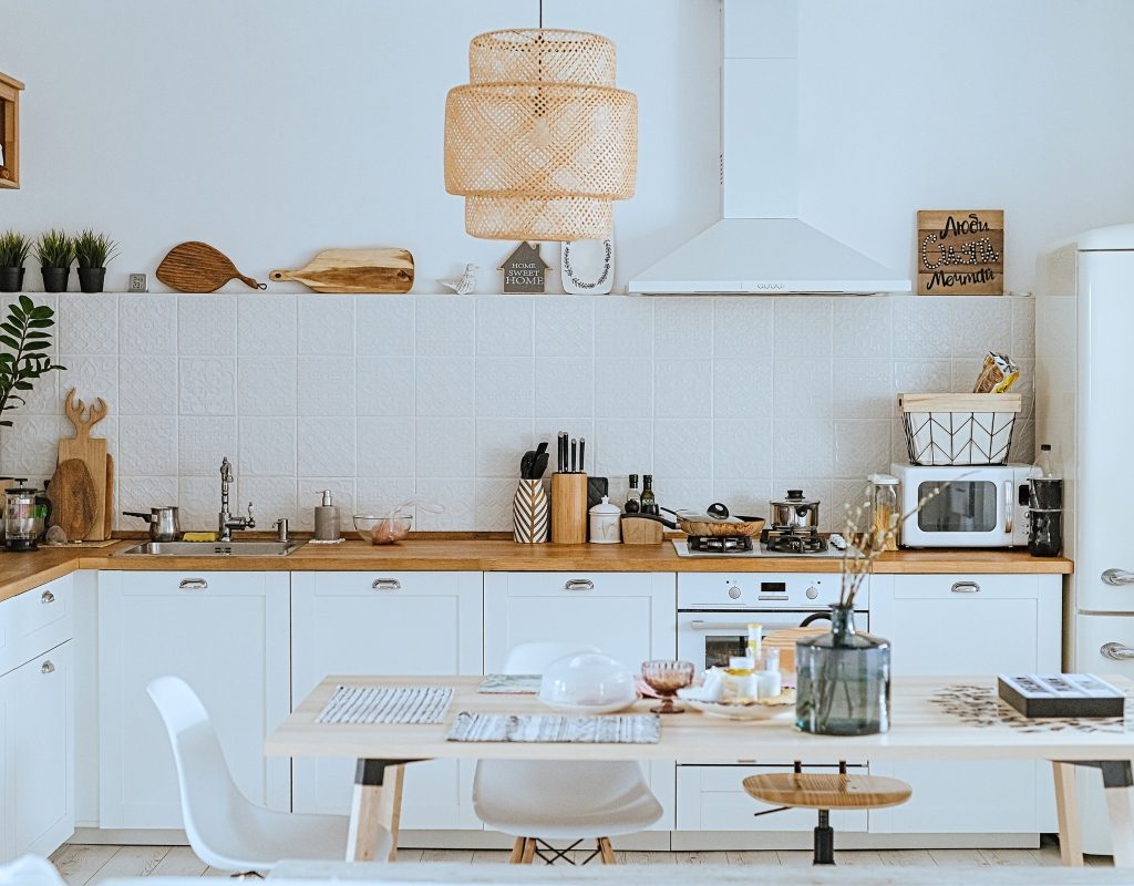 luxury kitchen design with open shelving and pendant light