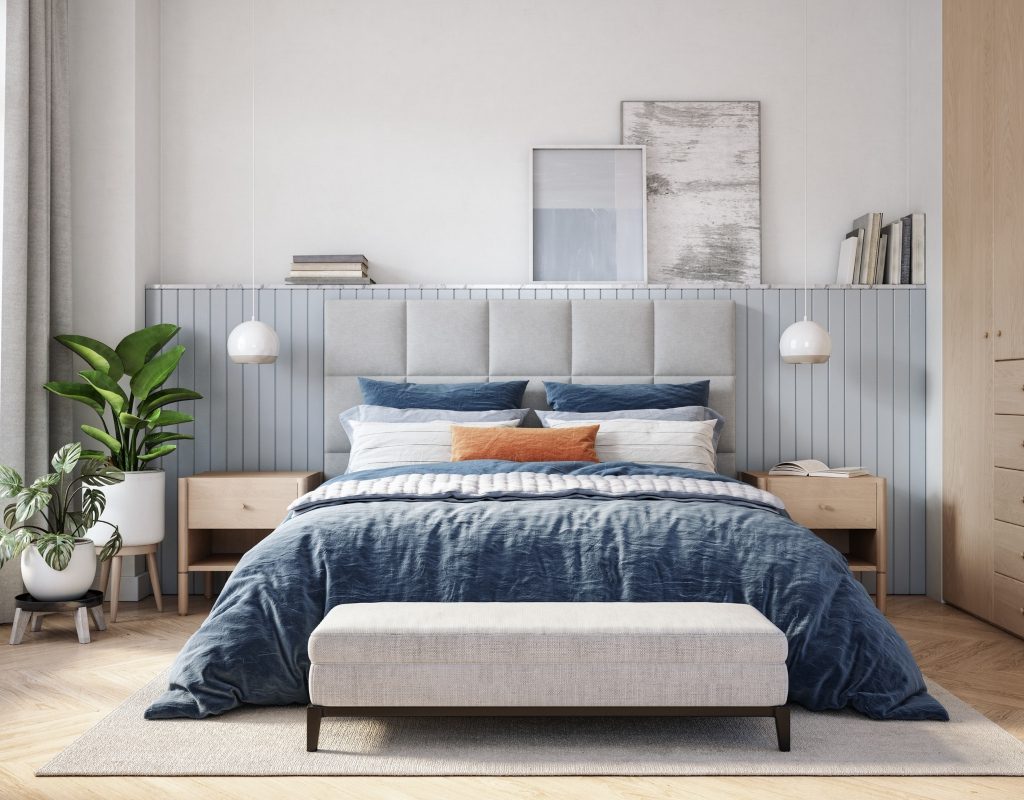 Master bedroom with gray and blue color palette