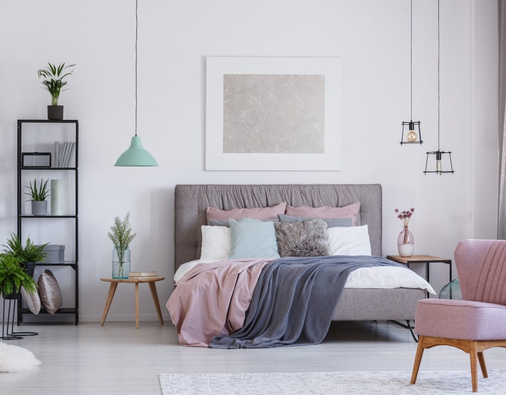 Midcentury modern pink and gray bedroom design