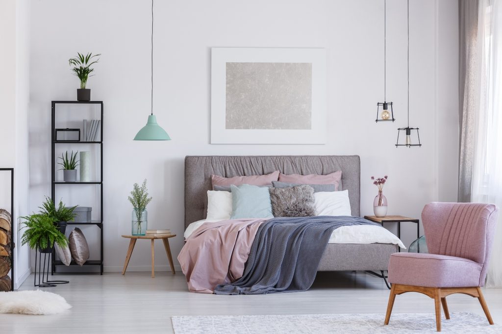 midcentury modern pink and grey bedroom design