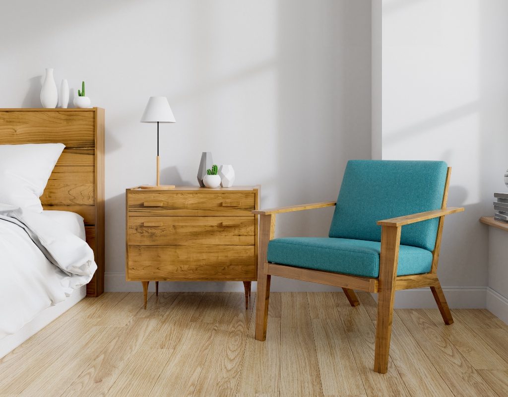 Midcentury modern chair and table in a bedroom