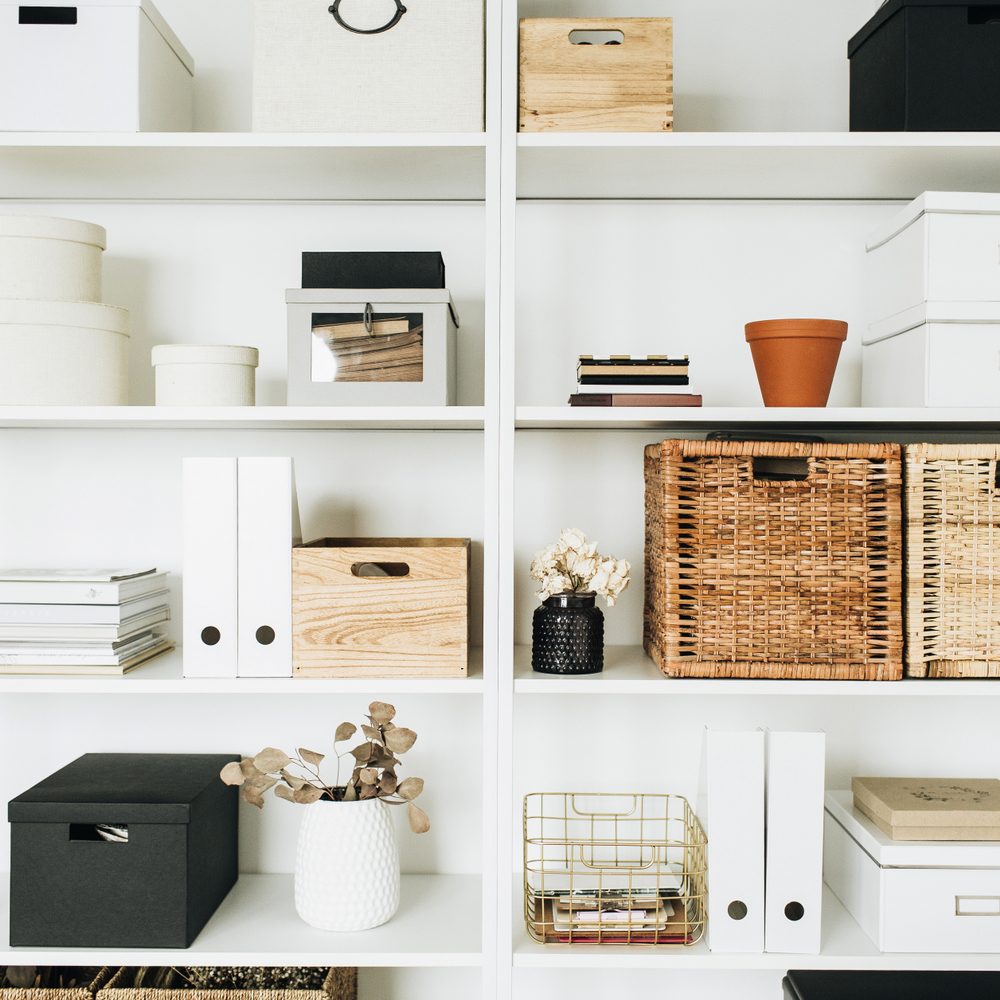 aesthetic storage boxes and containers on shelf
