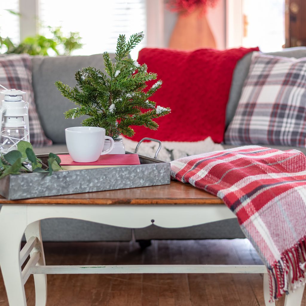 plaid textiles on farmhouse sofa
