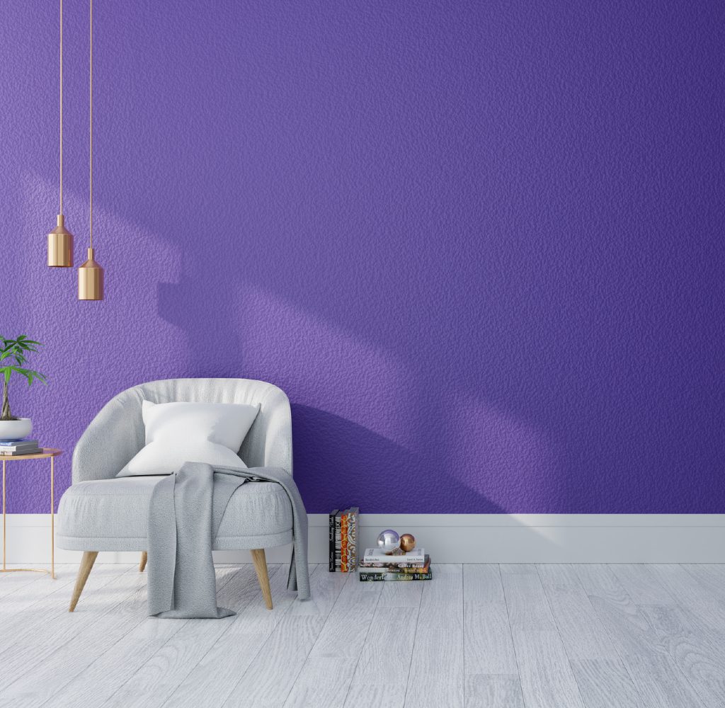Living room with purple walls..