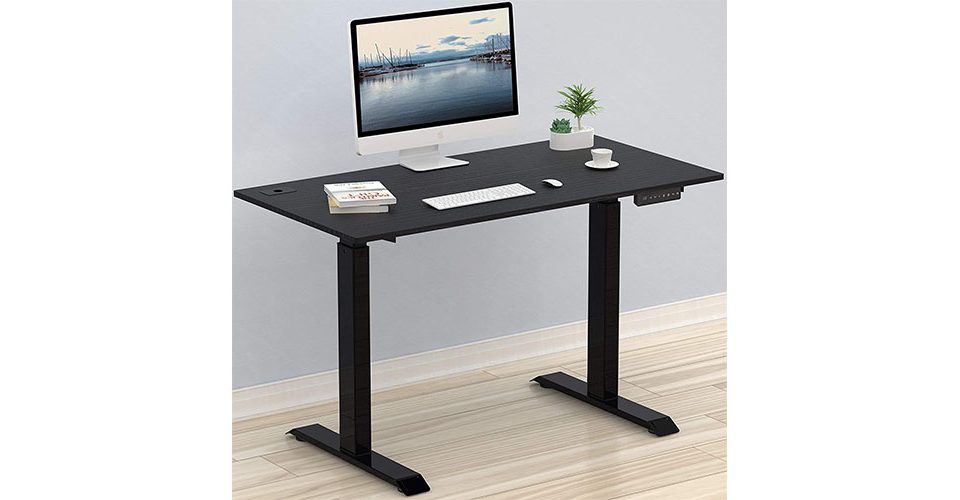 SHW Memory Preset Electric Height Adjustable Standing Desk placed against a wall.