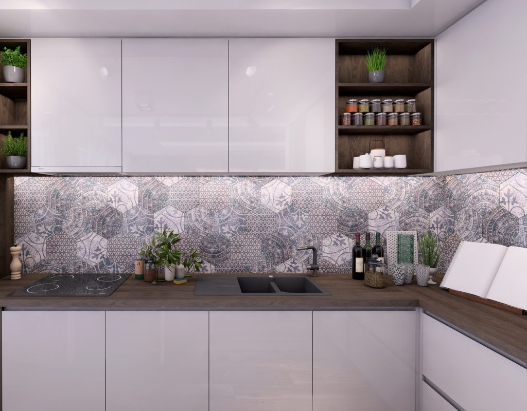 small modern white kitchen in basement