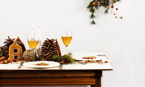 White background with Christmas garland and winter decor