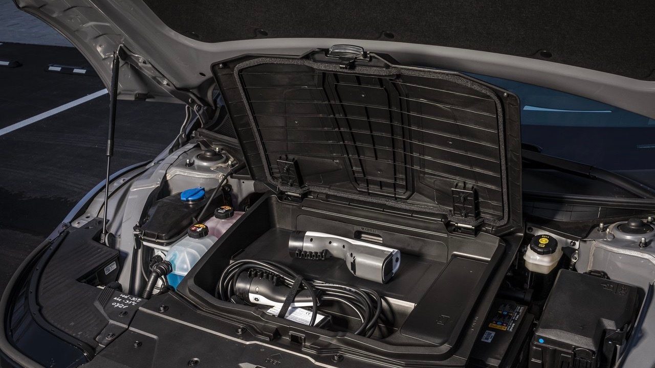 Hyundai Ioniq 5 fron trucl, or 'frunk', with mobile charger.