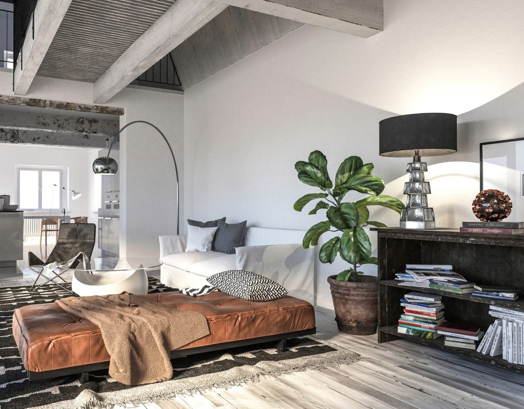 industrial and rustic room with leather chaise