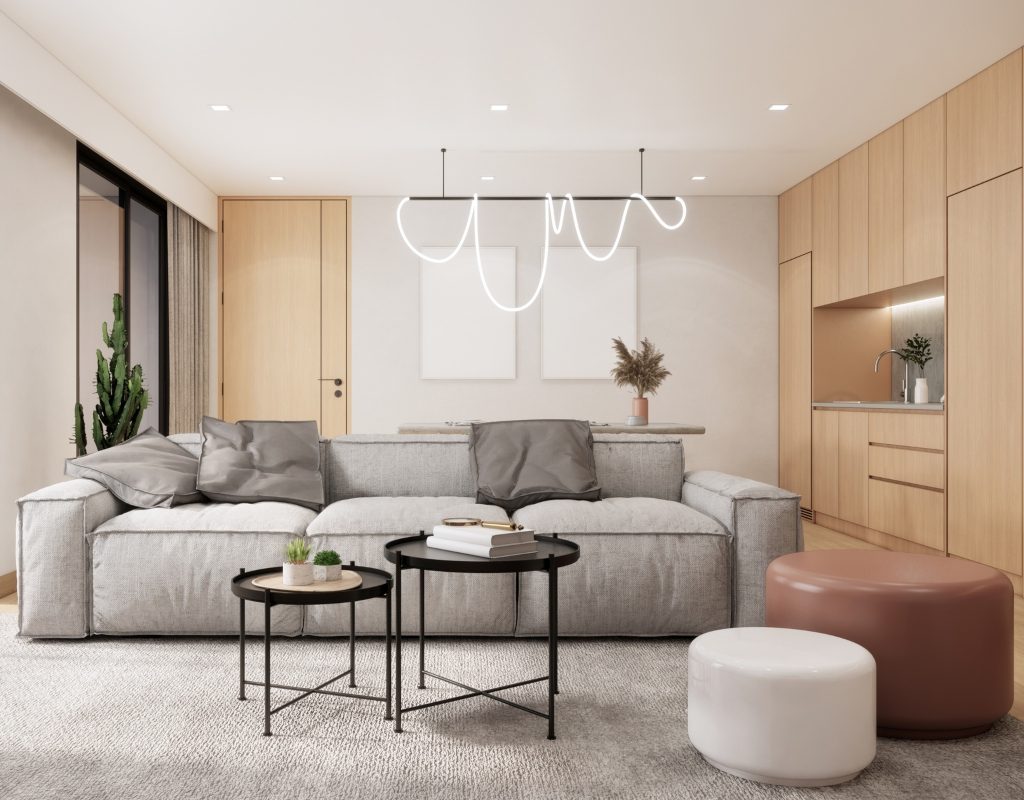 Japandi home interior living room with unique light feature