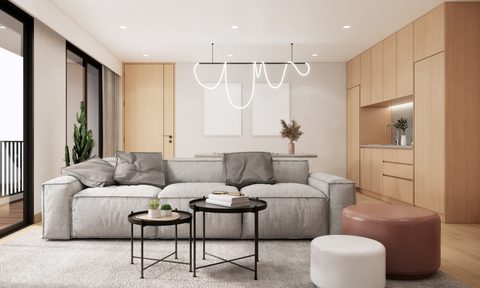 Japandi home interior living room with unique light feature