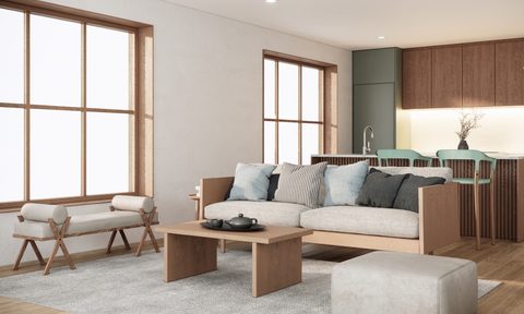 japandi styled living room with raw wood textures