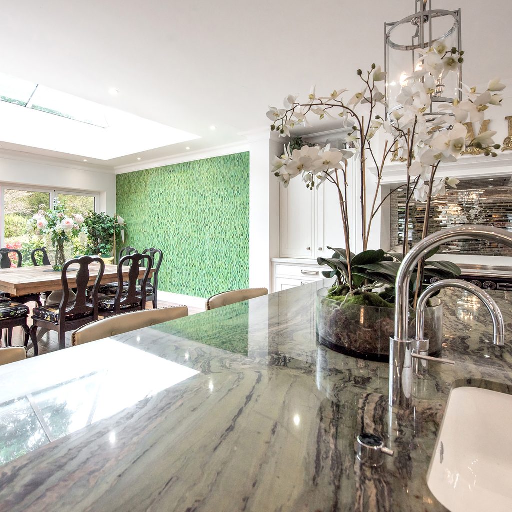 Kitchen with greenish gray quartzite counters