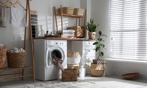 Laundry room decorated with plants and woven baskets