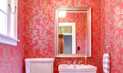 Maximalist bathroom with wallpaper