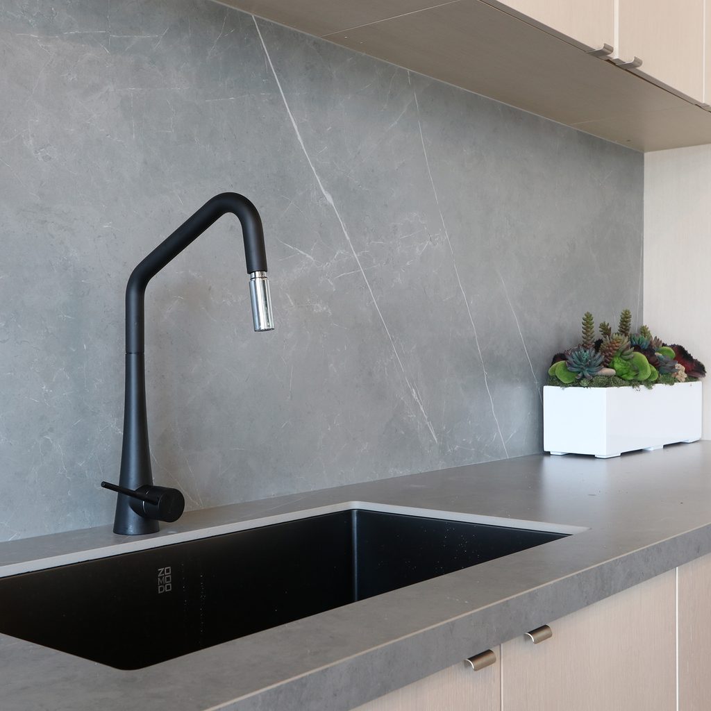 Modern kitchen with porcelain countertops