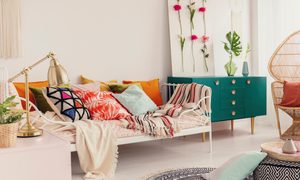 Modern living room white with colorful fabrics and bold pattern