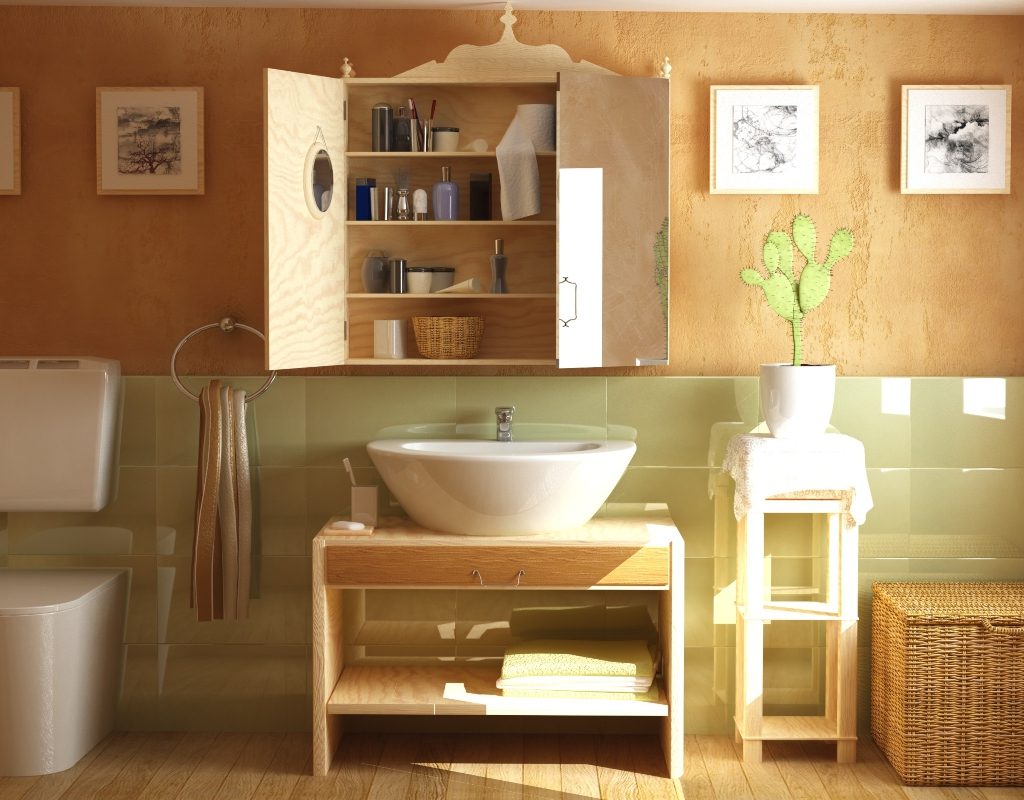 vintage and retro styled bathroom with peach walls