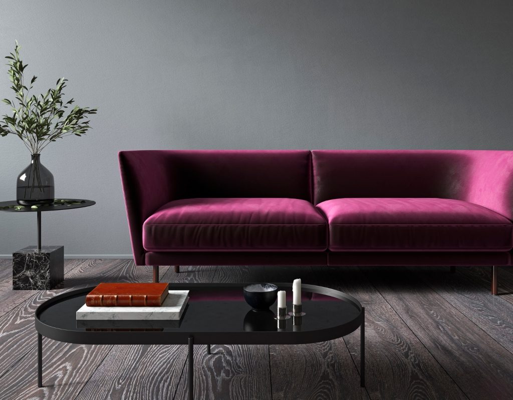Purple jewel toned couch in modern living room design