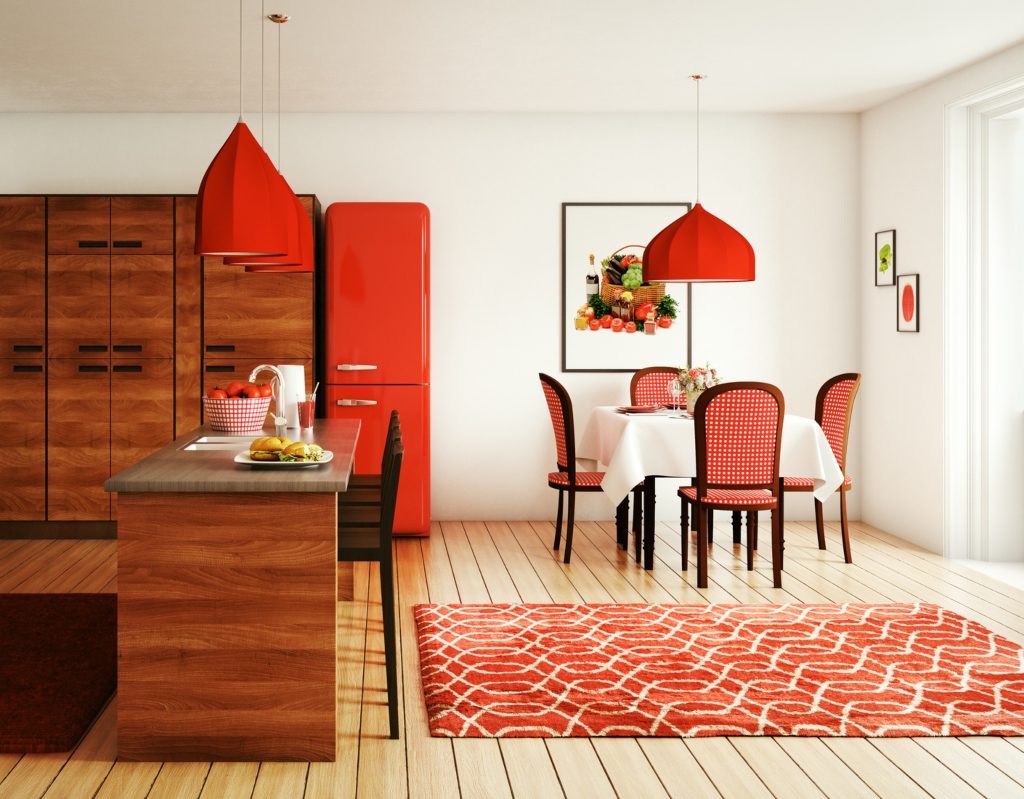 red decor accents in kitchen and dining space