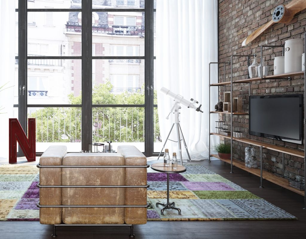 rustic and industrial living room with metal and wood tv console