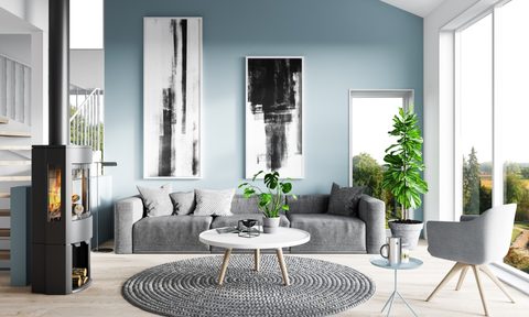 slate blue walls and grey modern living room design