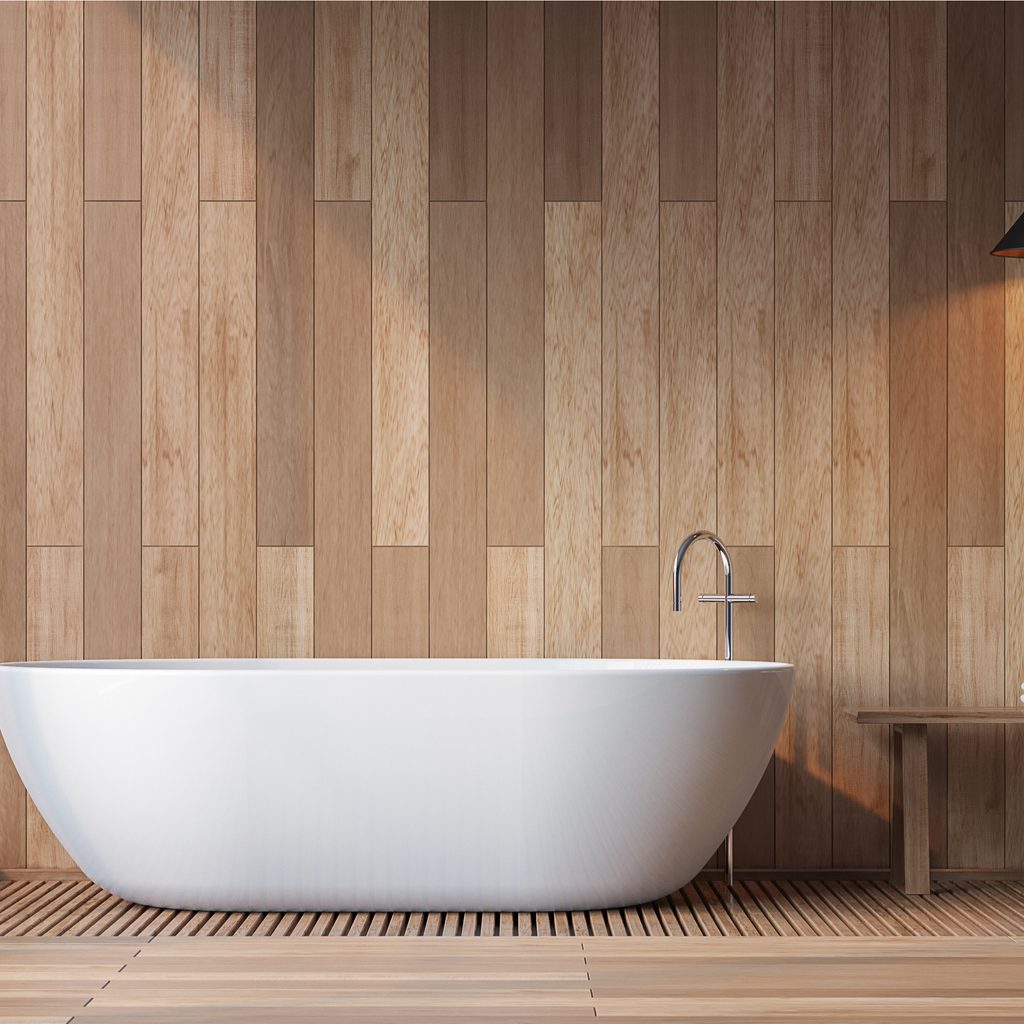 Wood paneling walls in bathroom