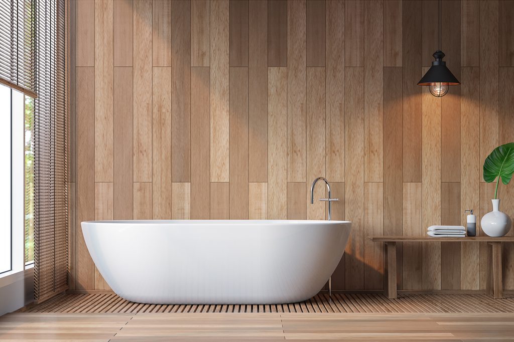 Wood paneling walls in bathroom