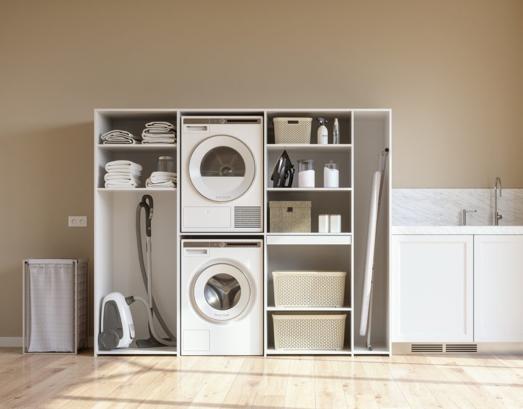 Beige modern and minimal laundry room