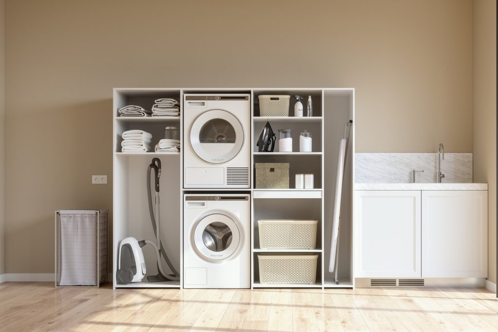Beige modern and minimal laundry room