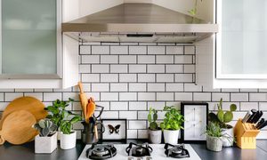 Kitchen subway tile backsplash with dark grout