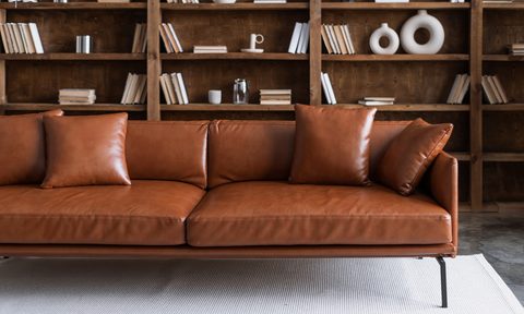 Brown leather couch in front of wood bookshelf