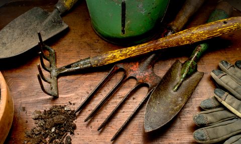 Dirty garden tools on work bench with dirt.