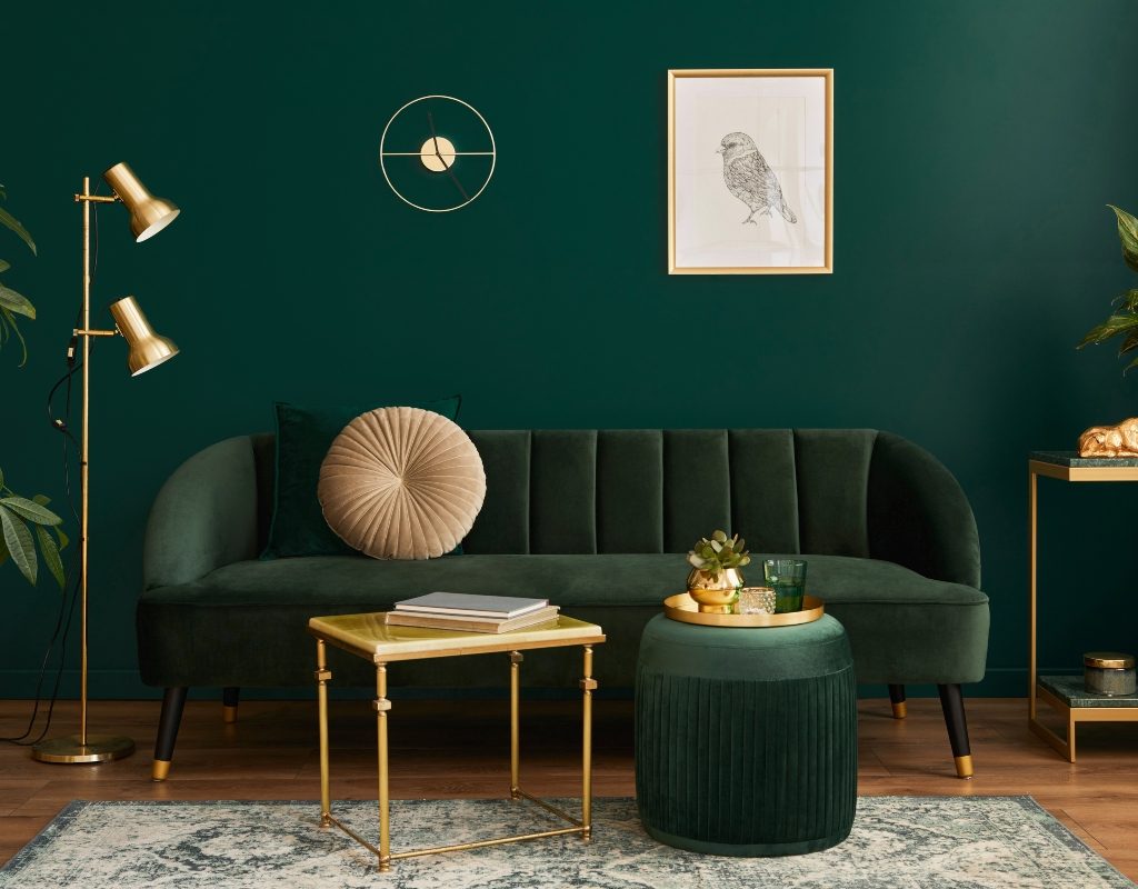 dark green monochrome color palette for living room design