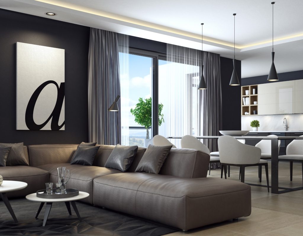 Gray monochrome living and dining room