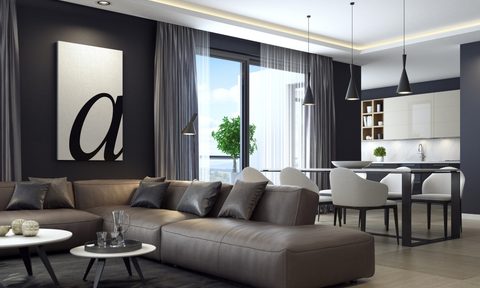 Gray monochrome living and dining room
