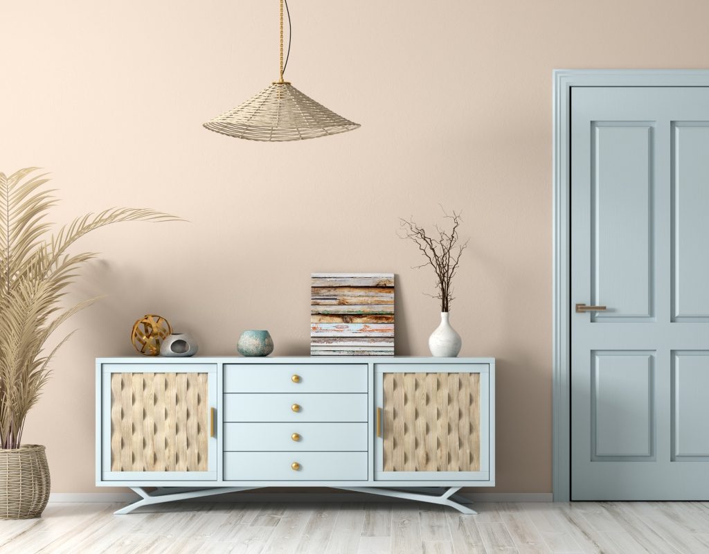 Modern living space with peach beige wall color