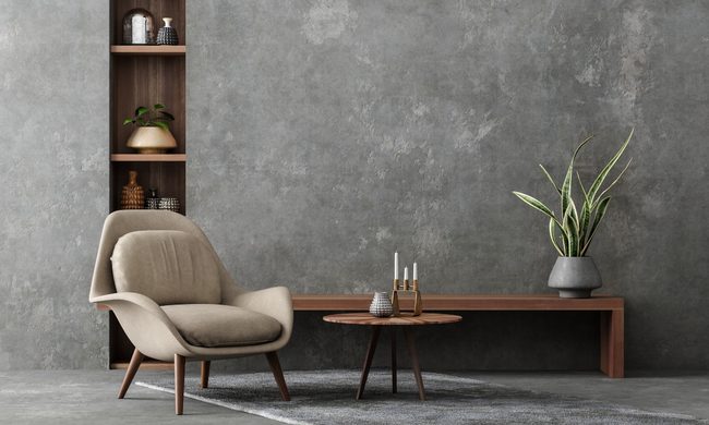Modern rustic design with a modern chair and concrete wall